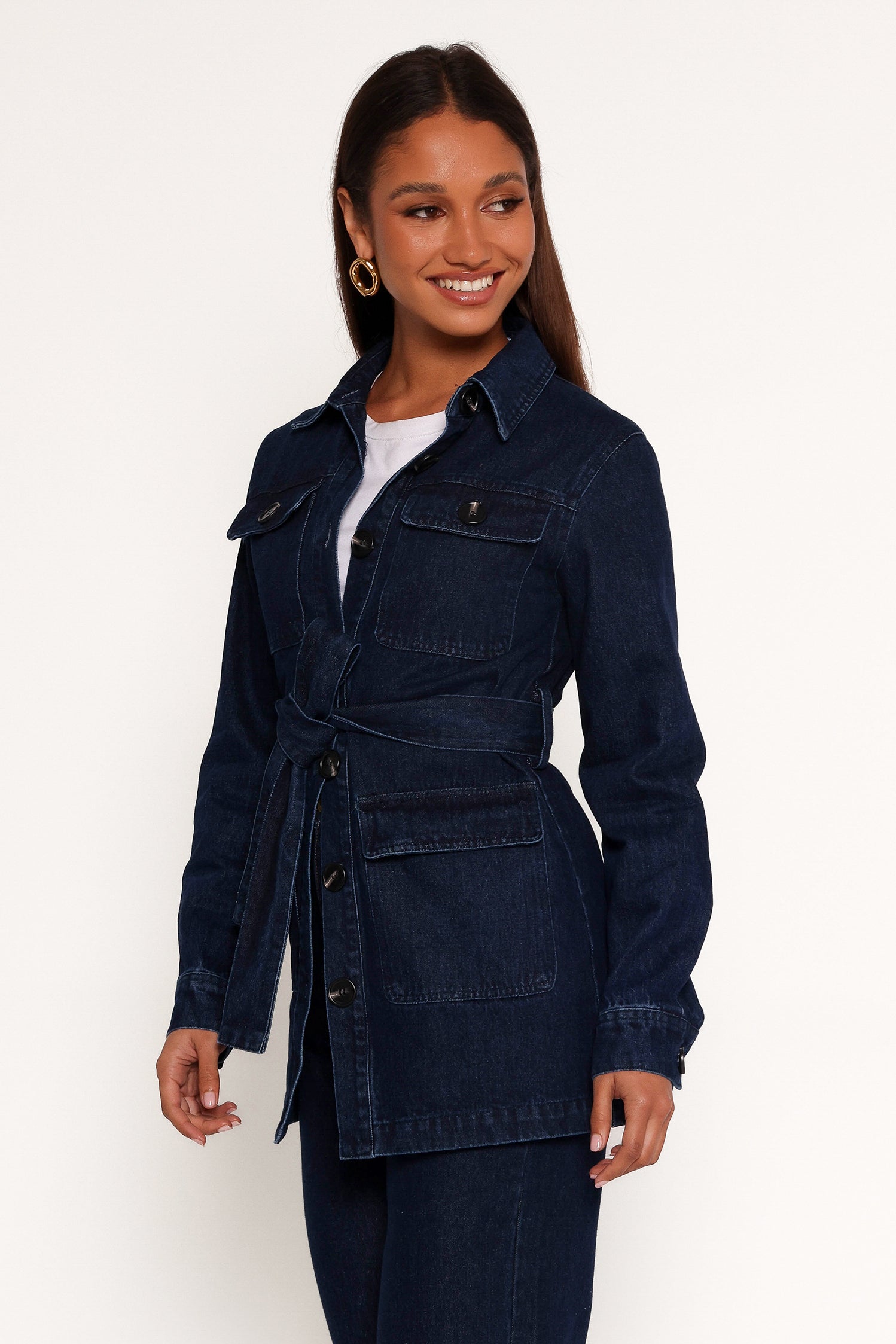 Nadine Tie Waist Button Front Jacket - Denim - Image 3