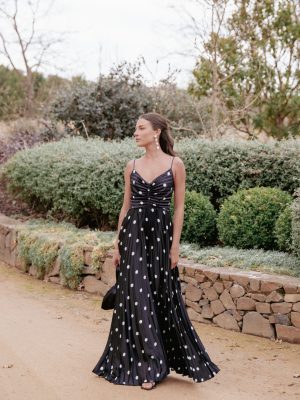 Naira Pleated Maxi Dress - Black Polka Dot