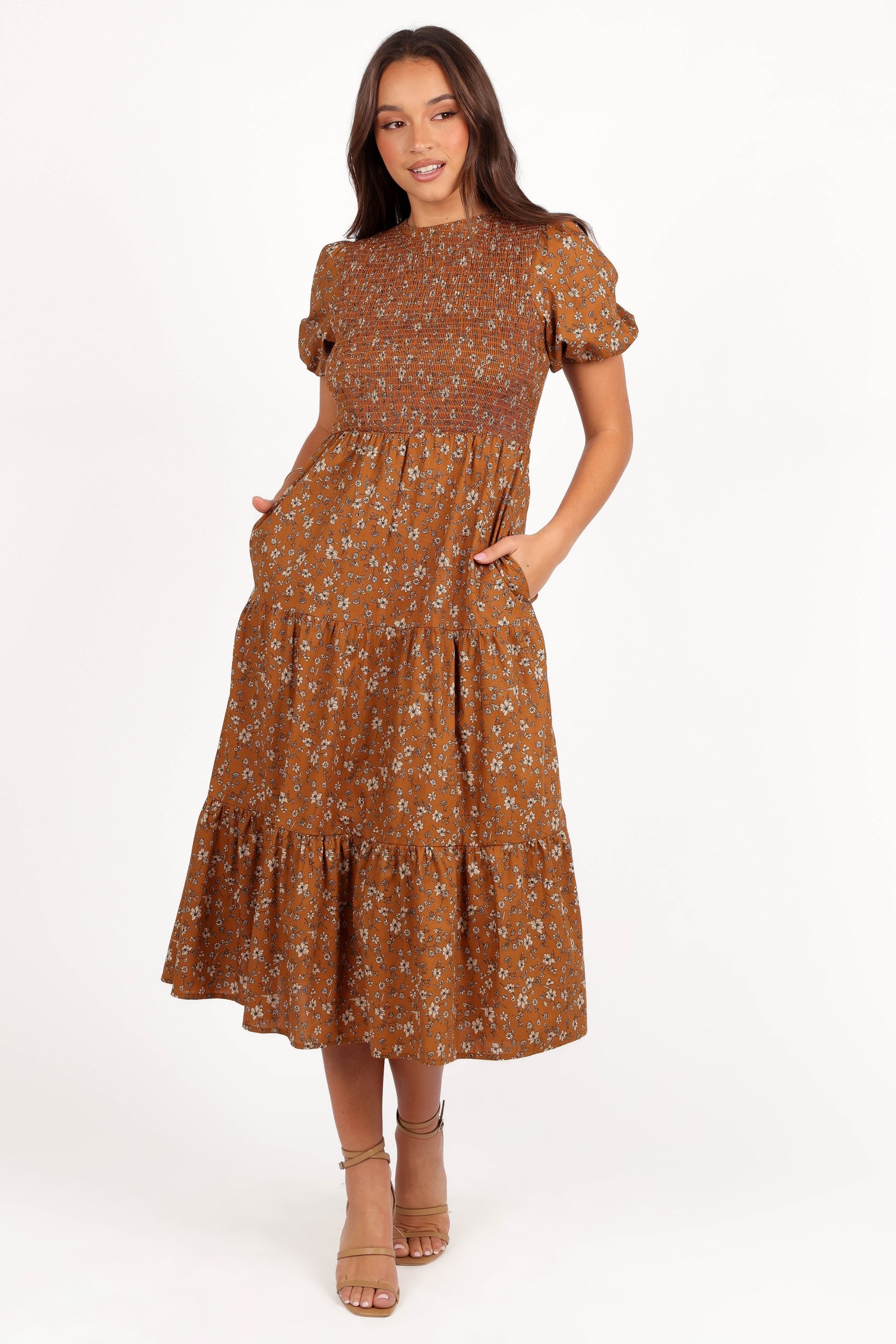 Naura Shirred Tiered Midi Dress - Cognac Floral - Image 4