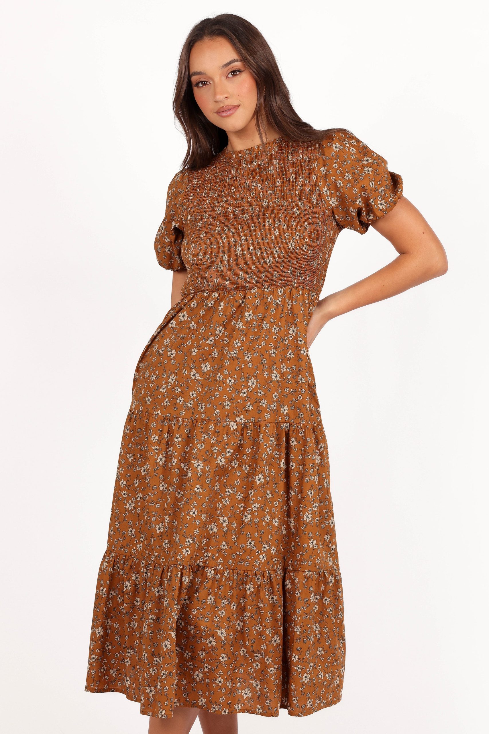 Naura Shirred Tiered Midi Dress - Cognac Floral - Image 3