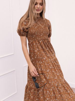 Naura Shirred Tiered Midi Dress - Cognac Floral