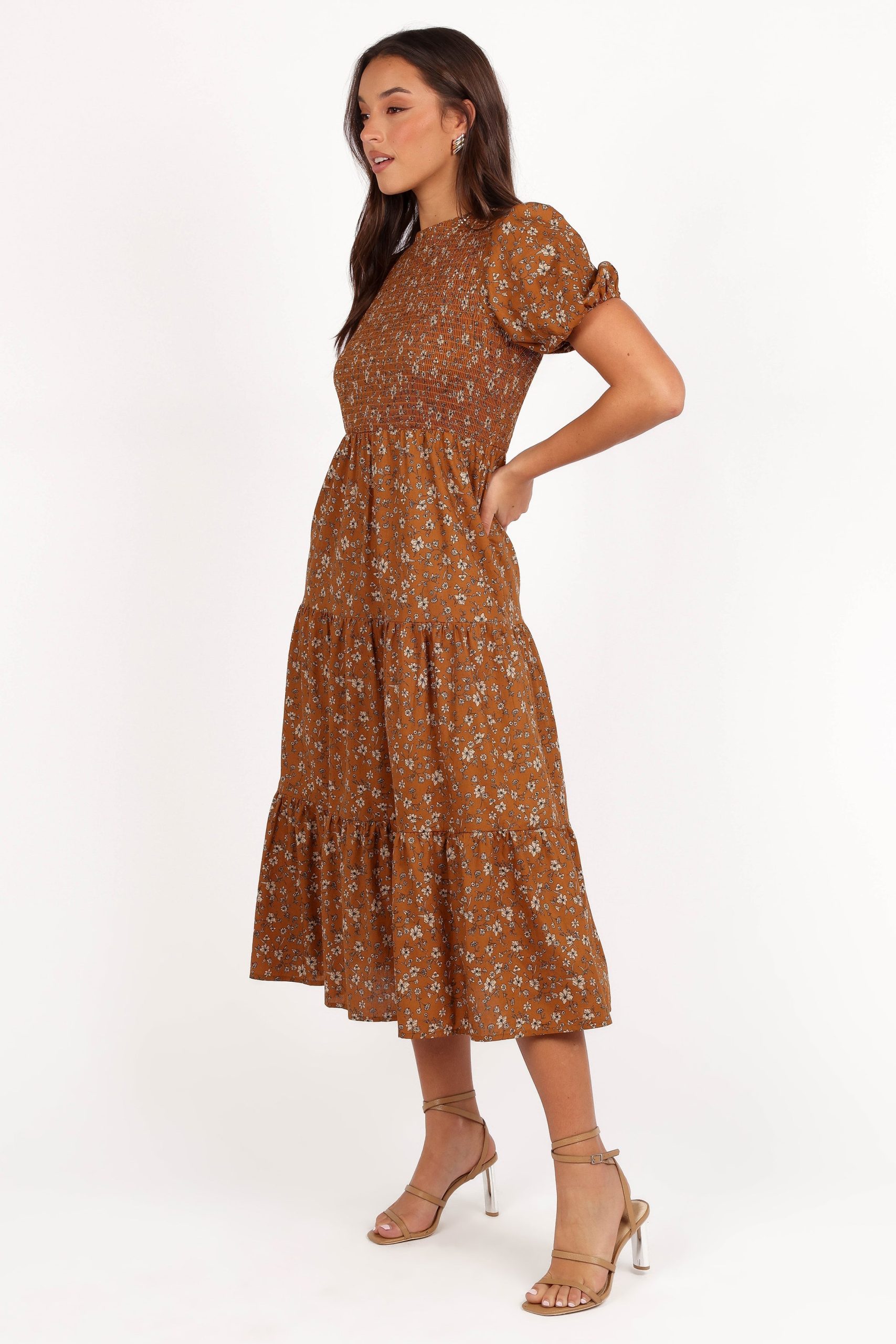 Naura Shirred Tiered Midi Dress - Cognac Floral - Image 6