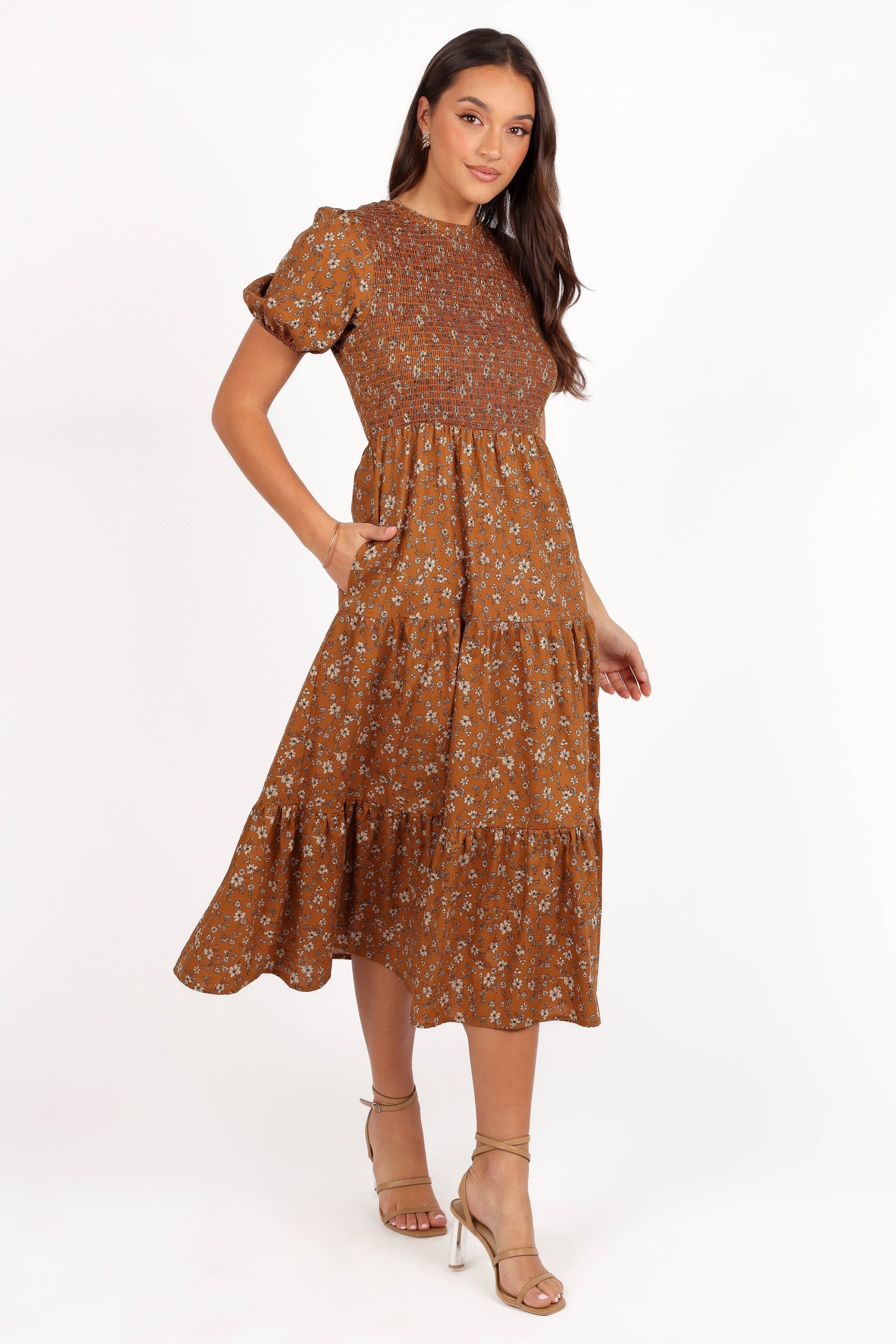 Naura Shirred Tiered Midi Dress - Cognac Floral - Image 8