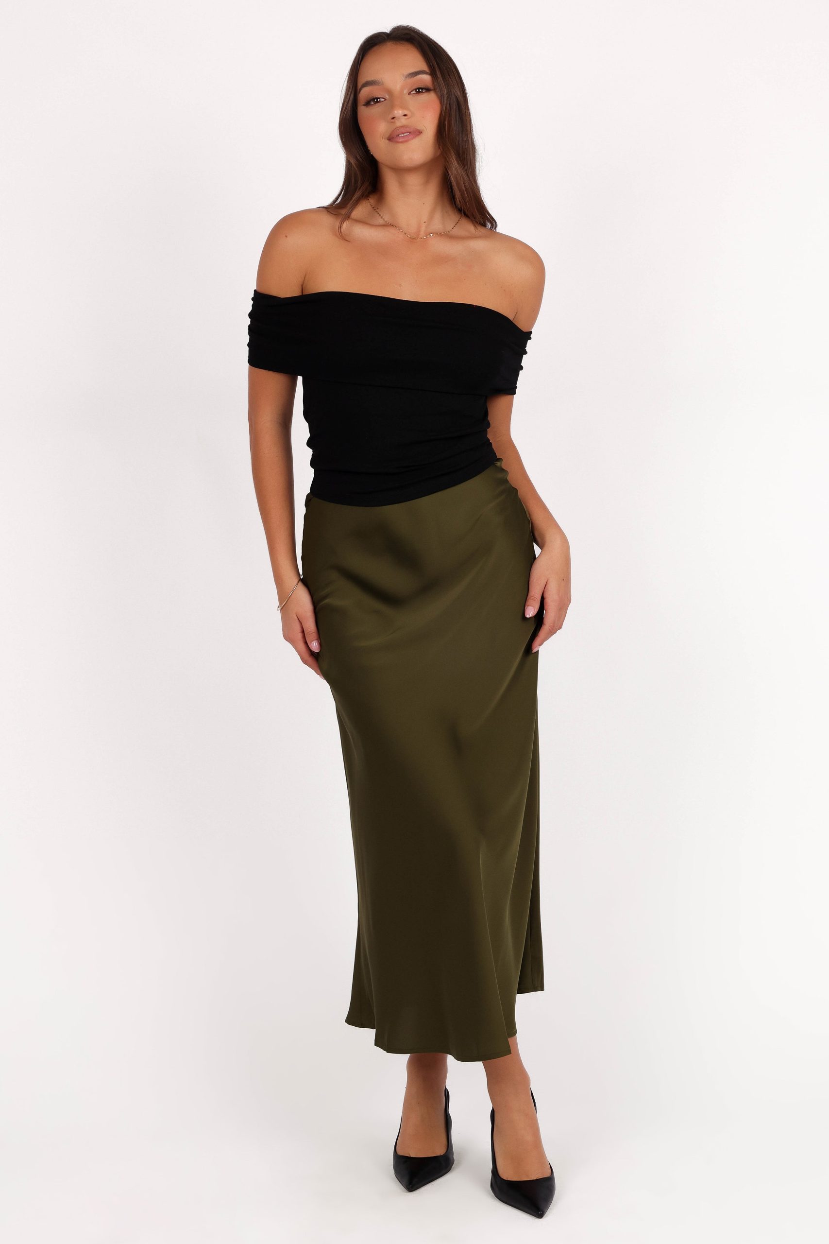 Nellie Satin Midi Skirt - Olive - Image 3