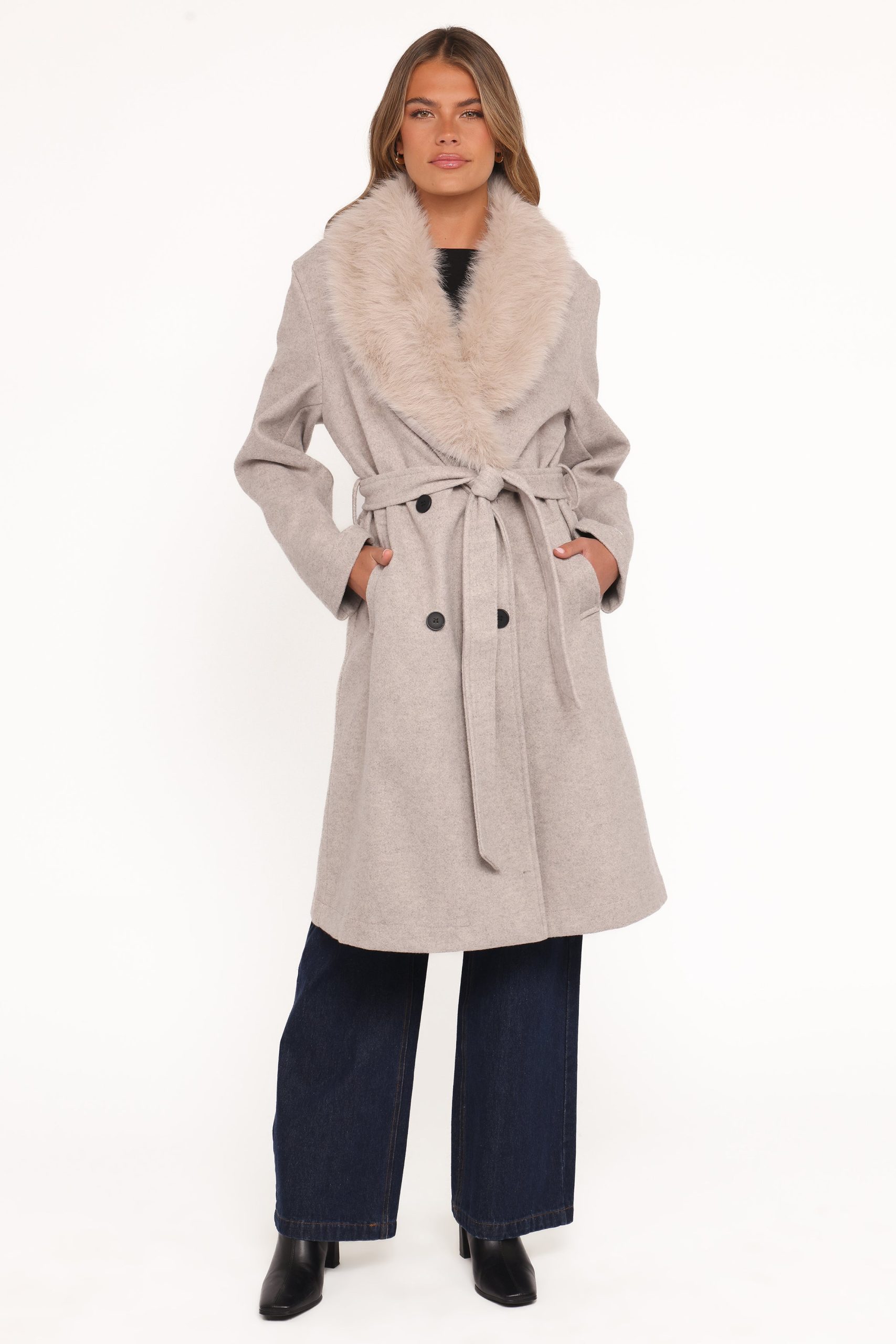 Nina Fur Collar Tie Waist Coat - Cream - Image 6