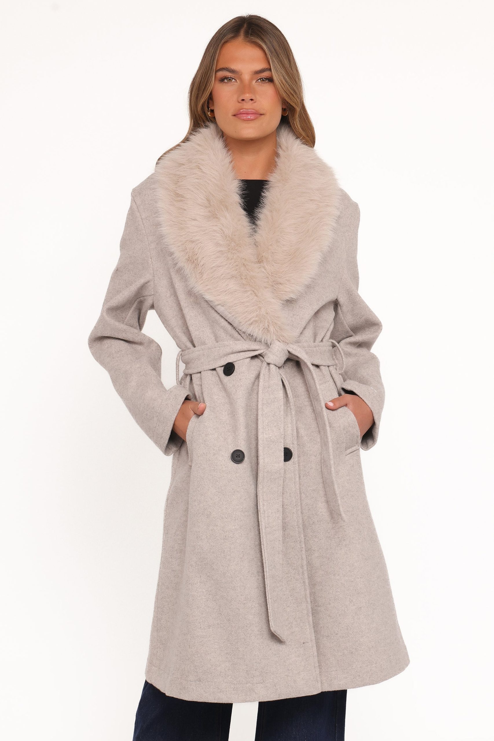 Nina Fur Collar Tie Waist Coat - Cream - Image 2