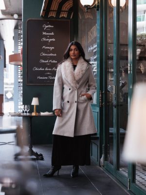 Nina Fur Collar Tie Waist Coat - Cream