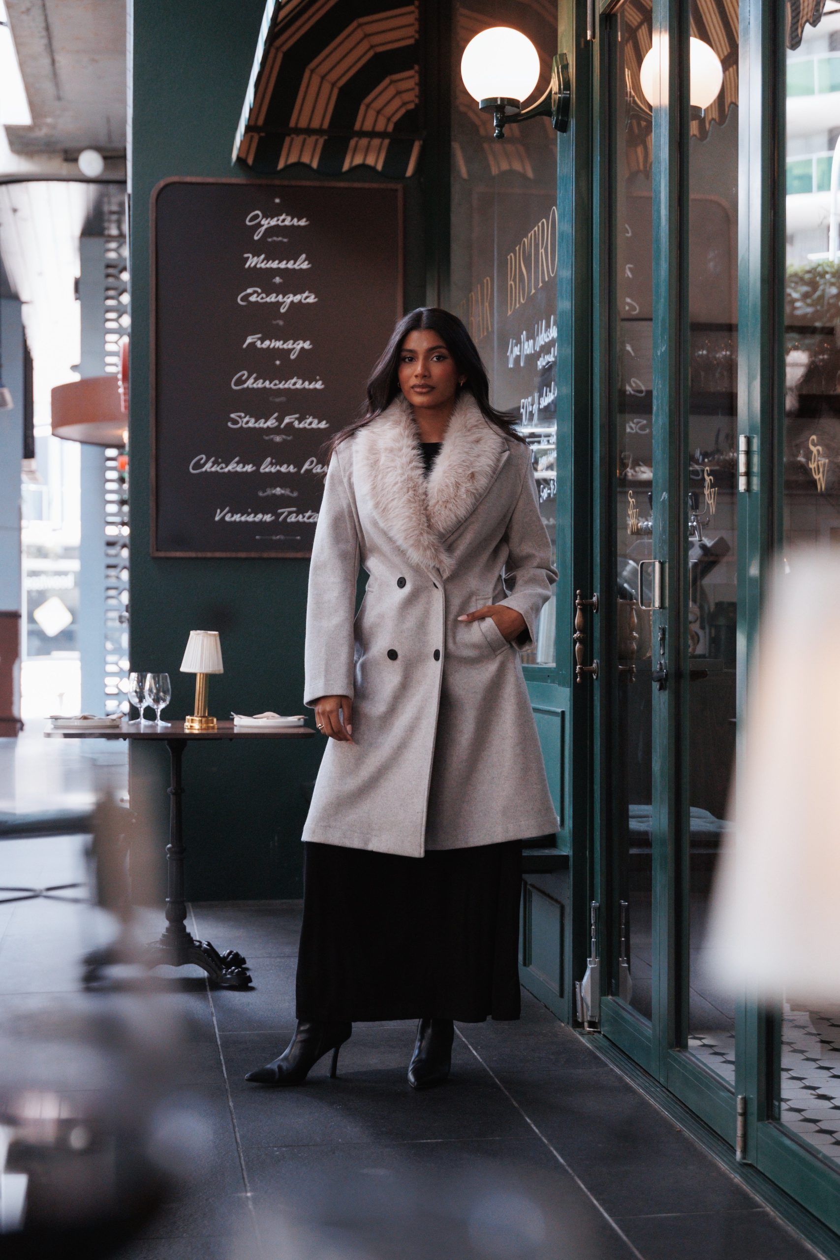 Nina Fur Collar Tie Waist Coat - Cream