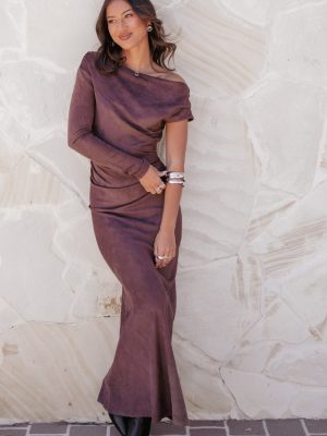 Olympia Off Shoulder Maxi Dress - Chocolate