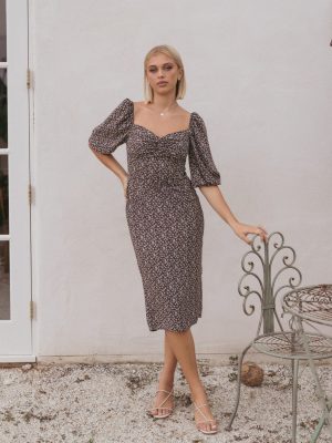 Oona Midi Dress - Brown Blue Floral