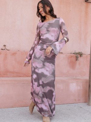 Pandora Long Sleeve Maxi Dress - Pink/Brown Print