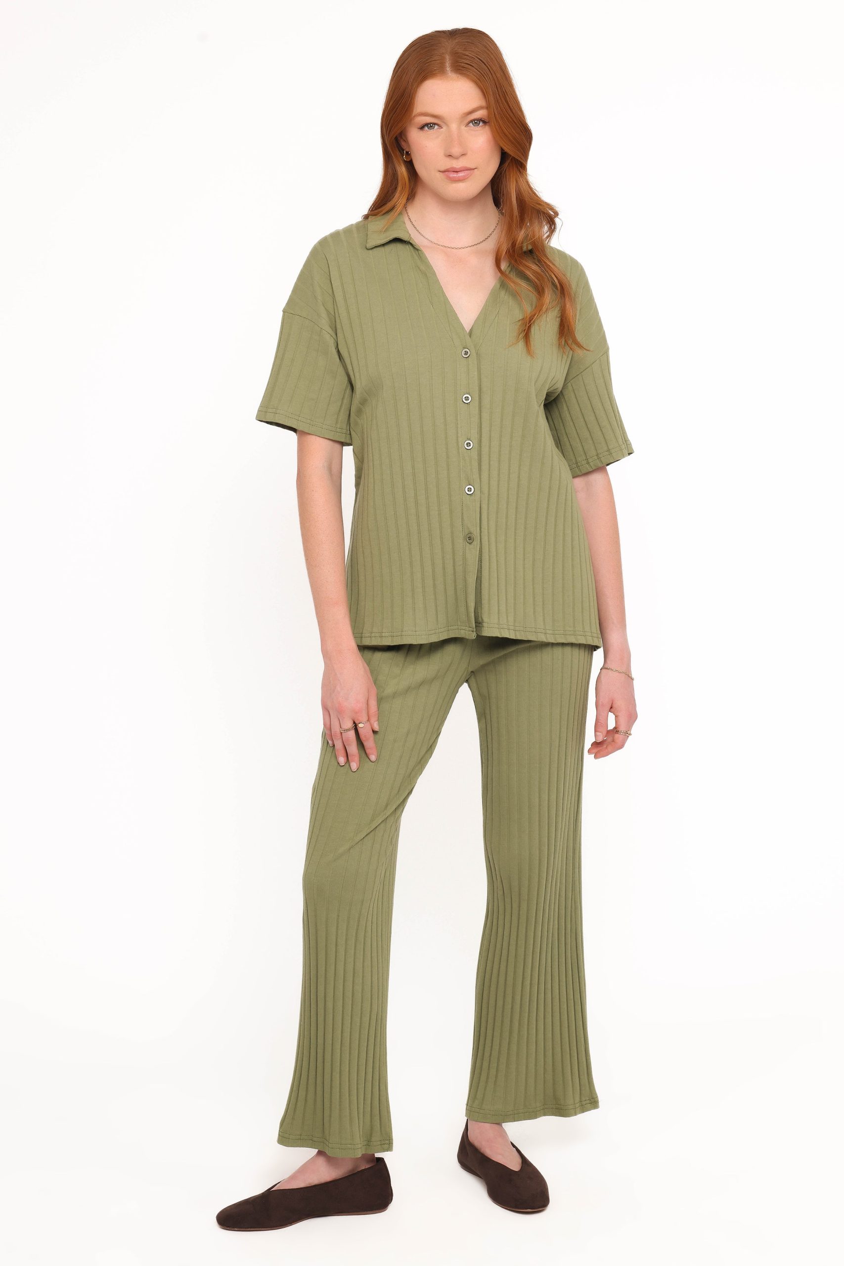 Phillipa Wide Ribbed Shirt Set - Olive - Image 2