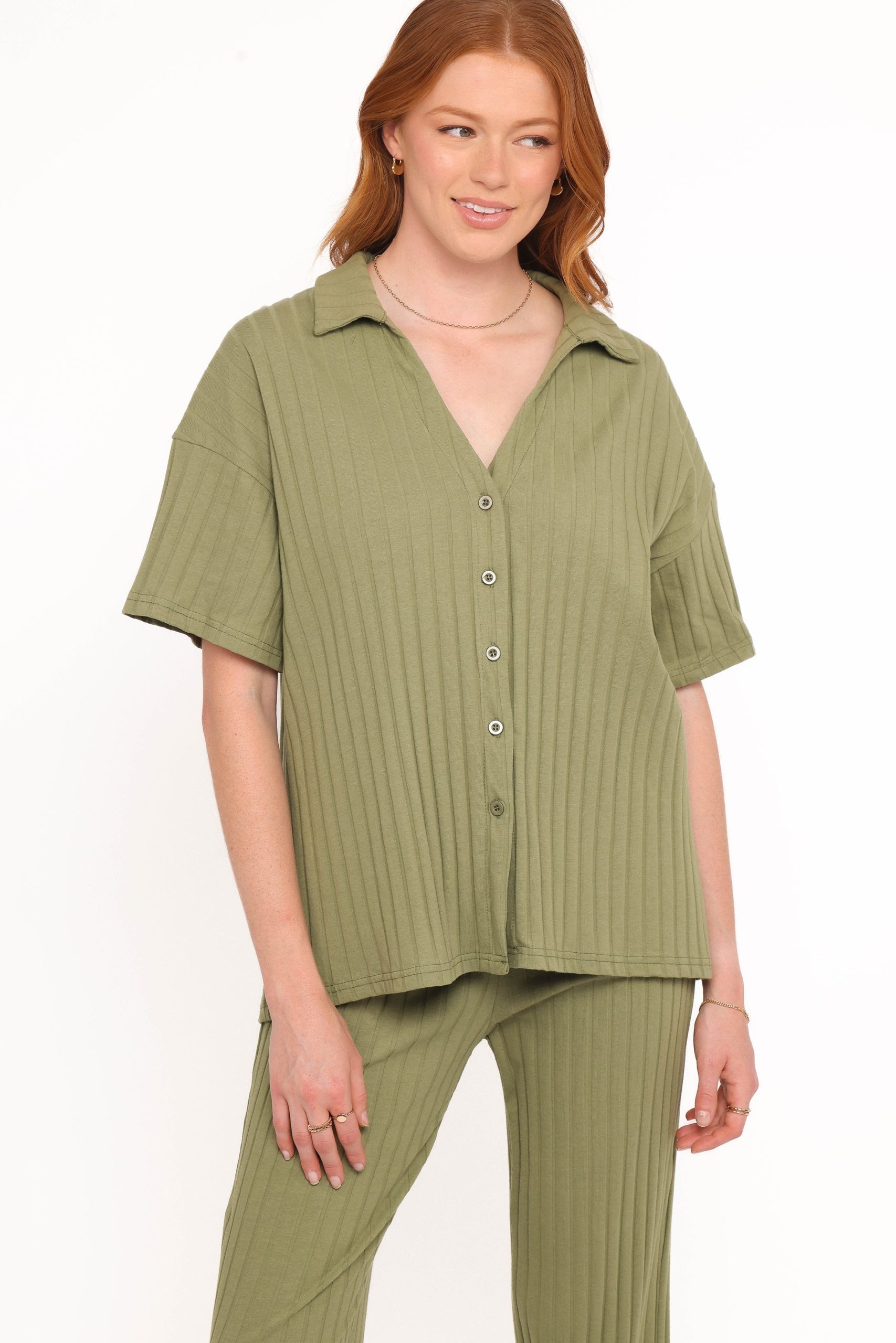 Phillipa Wide Ribbed Shirt Set - Olive - Image 3