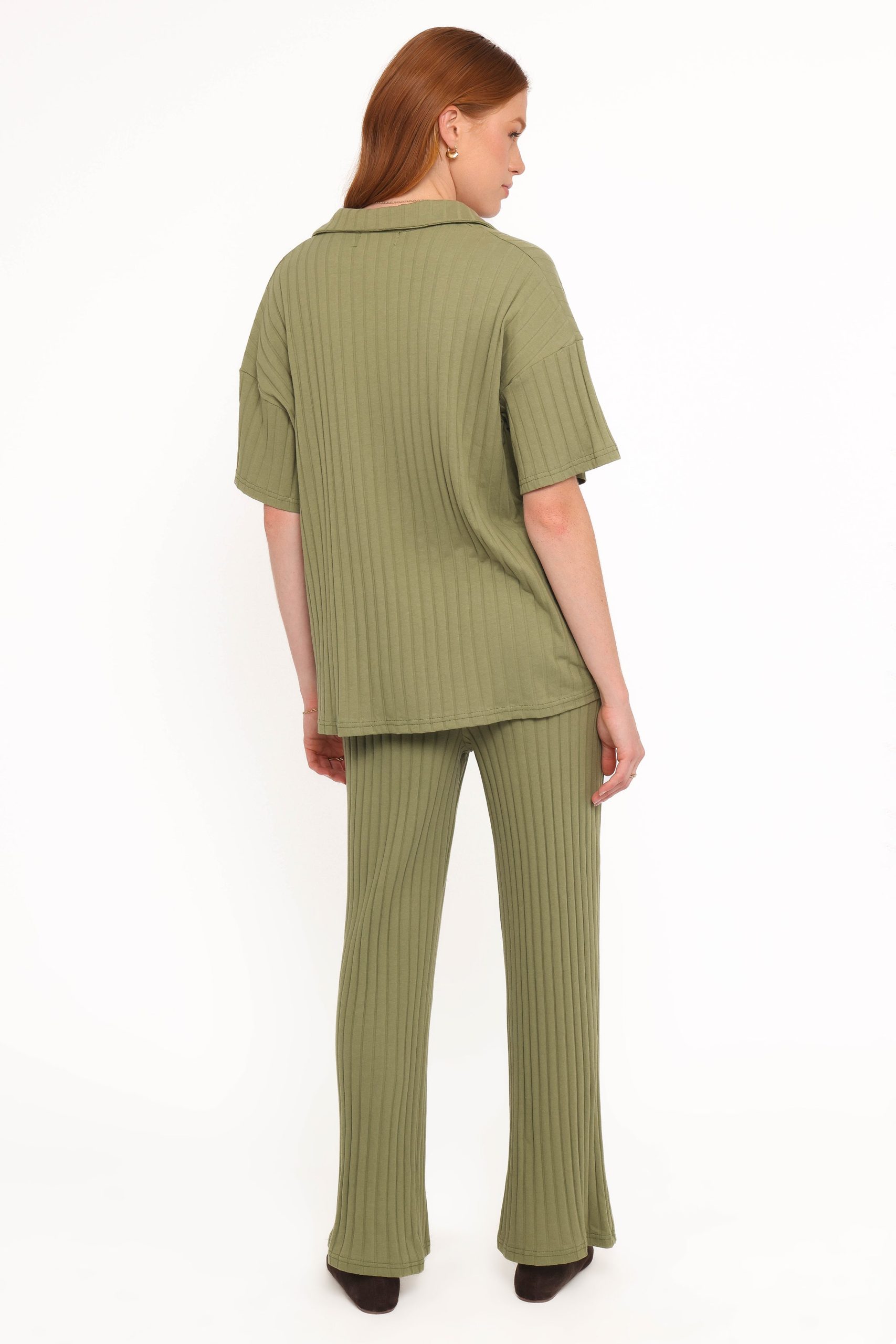 Phillipa Wide Ribbed Shirt Set - Olive - Image 4