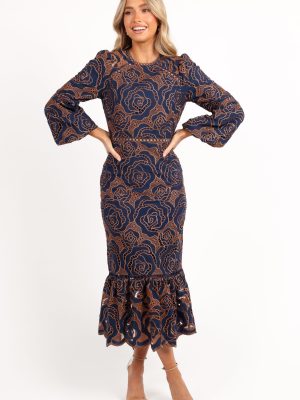 Pierre Long Sleeve Lace Maxi Dress - Navy