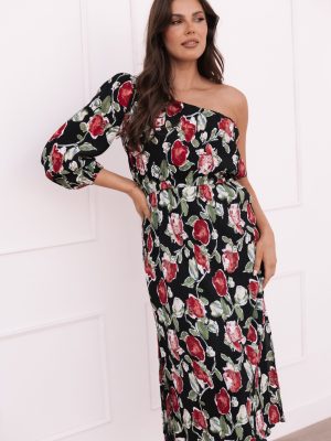 Pontee One Shoulder Pleated Midi Dress - Black Rose Print