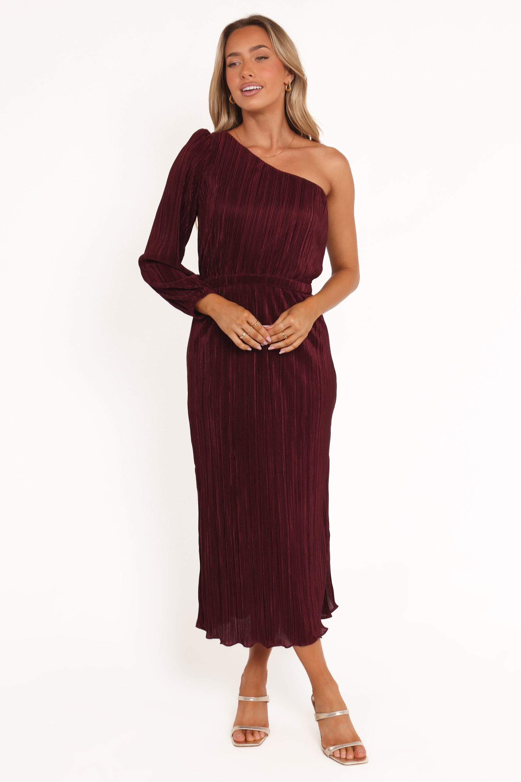 Pontee One Shoulder Pleated Midi Dress - Burgundy - Image 6