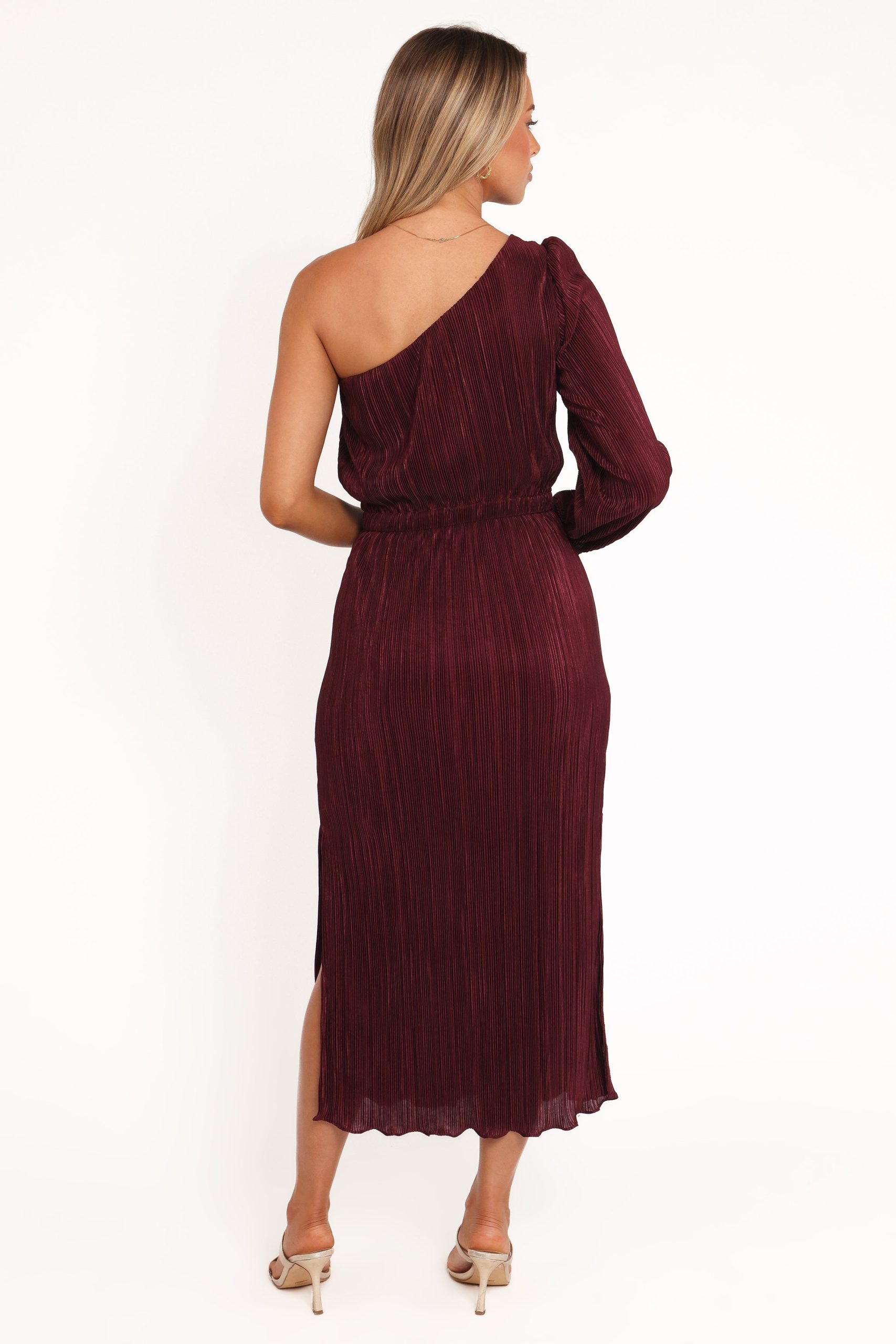 Pontee One Shoulder Pleated Midi Dress - Burgundy - Image 5
