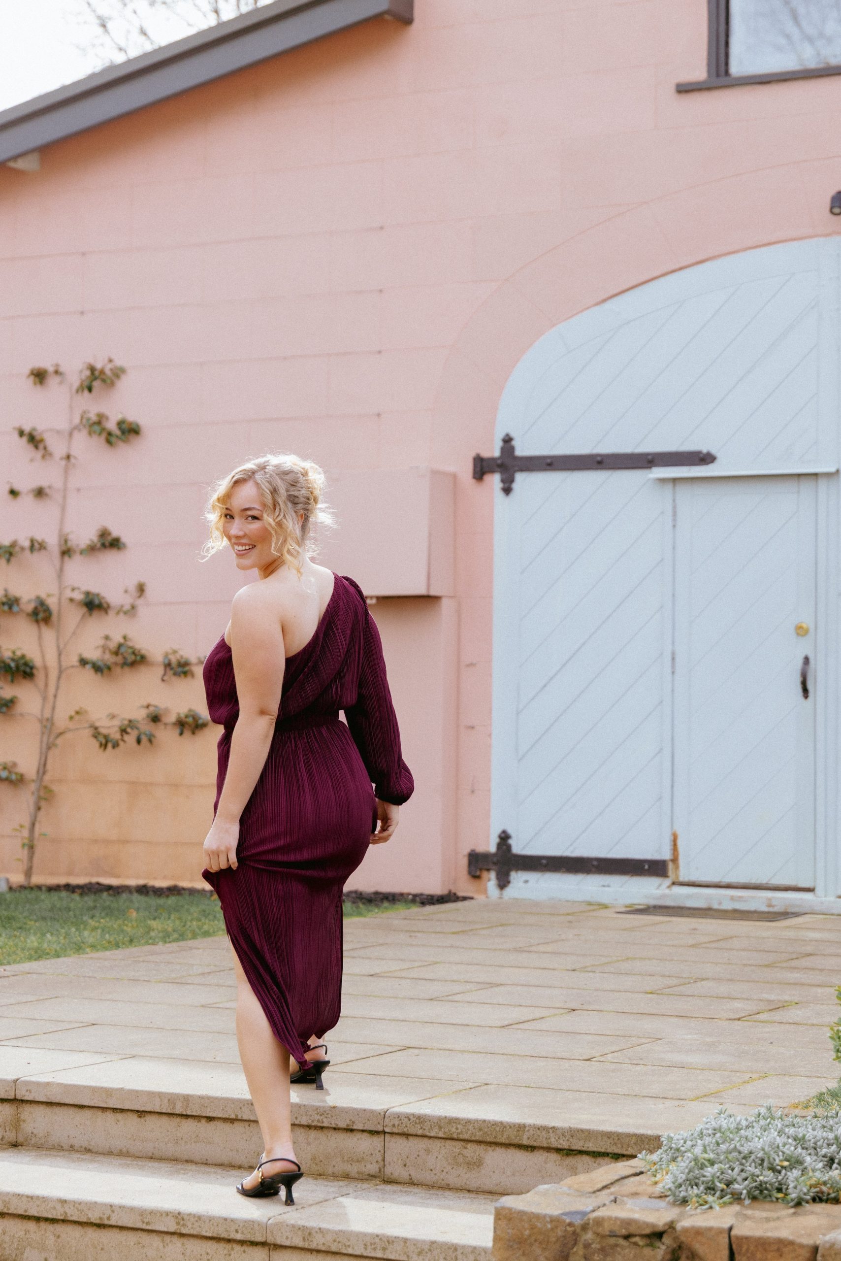 Pontee One Shoulder Pleated Midi Dress - Burgundy - Image 8