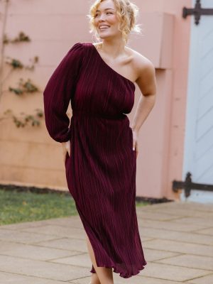 Pontee One Shoulder Pleated Midi Dress - Burgundy