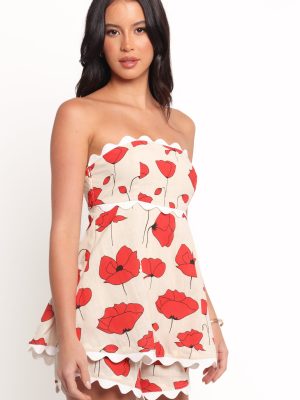 Romia Strapless Romper - Red Beige Poppy