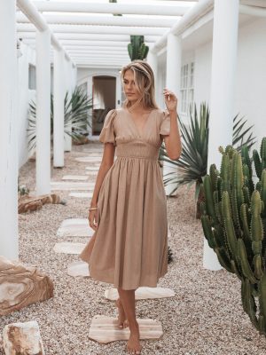 Ronnie Short Sleeve Midi Dress - Tan