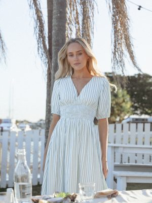 Ronnie Short Sleeve Midi Dress - Green Blue Stripe