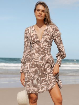 Sheridan Long Sleeve Mini Dress - Chocolate Brown Print