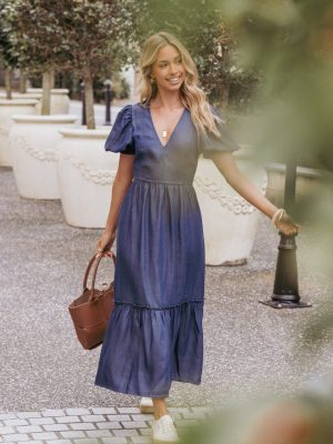 Steele Puff Sleeve Midi Dress - Dark Denim