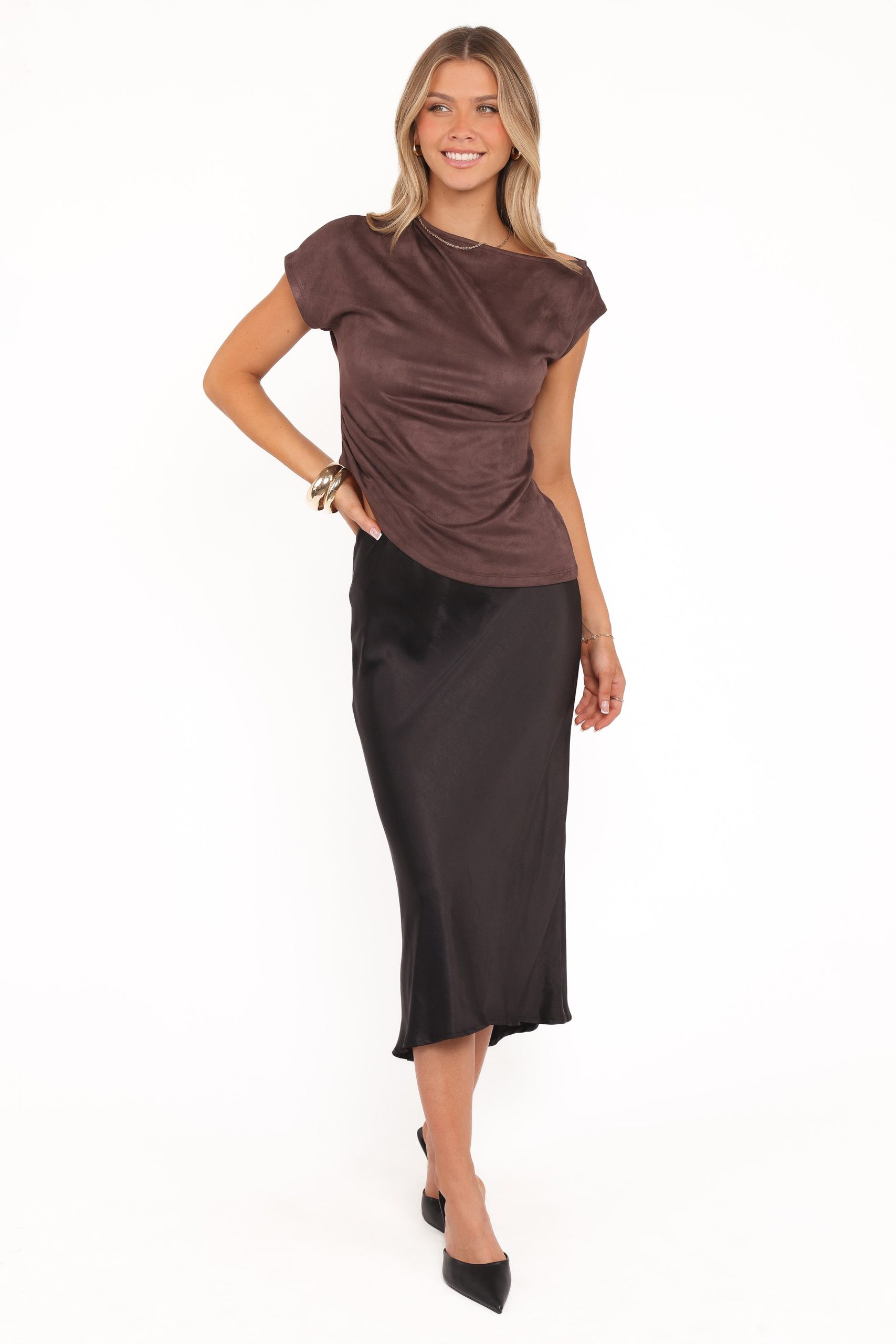 Vaila Faux Suede Off Shoulder Top - Chocolate - Image 2