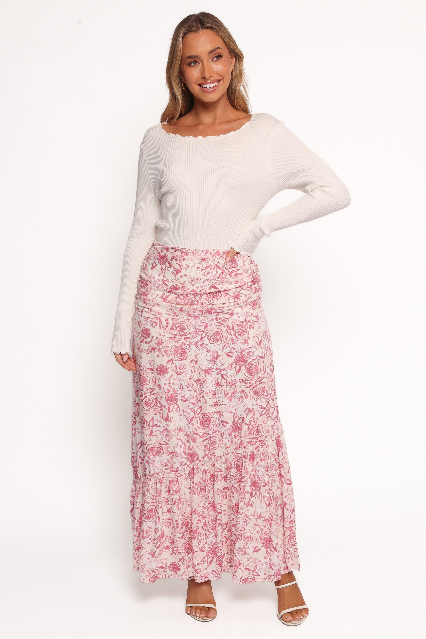 Velda Ruched Maxi Skirt - Pink Floral - Image 2