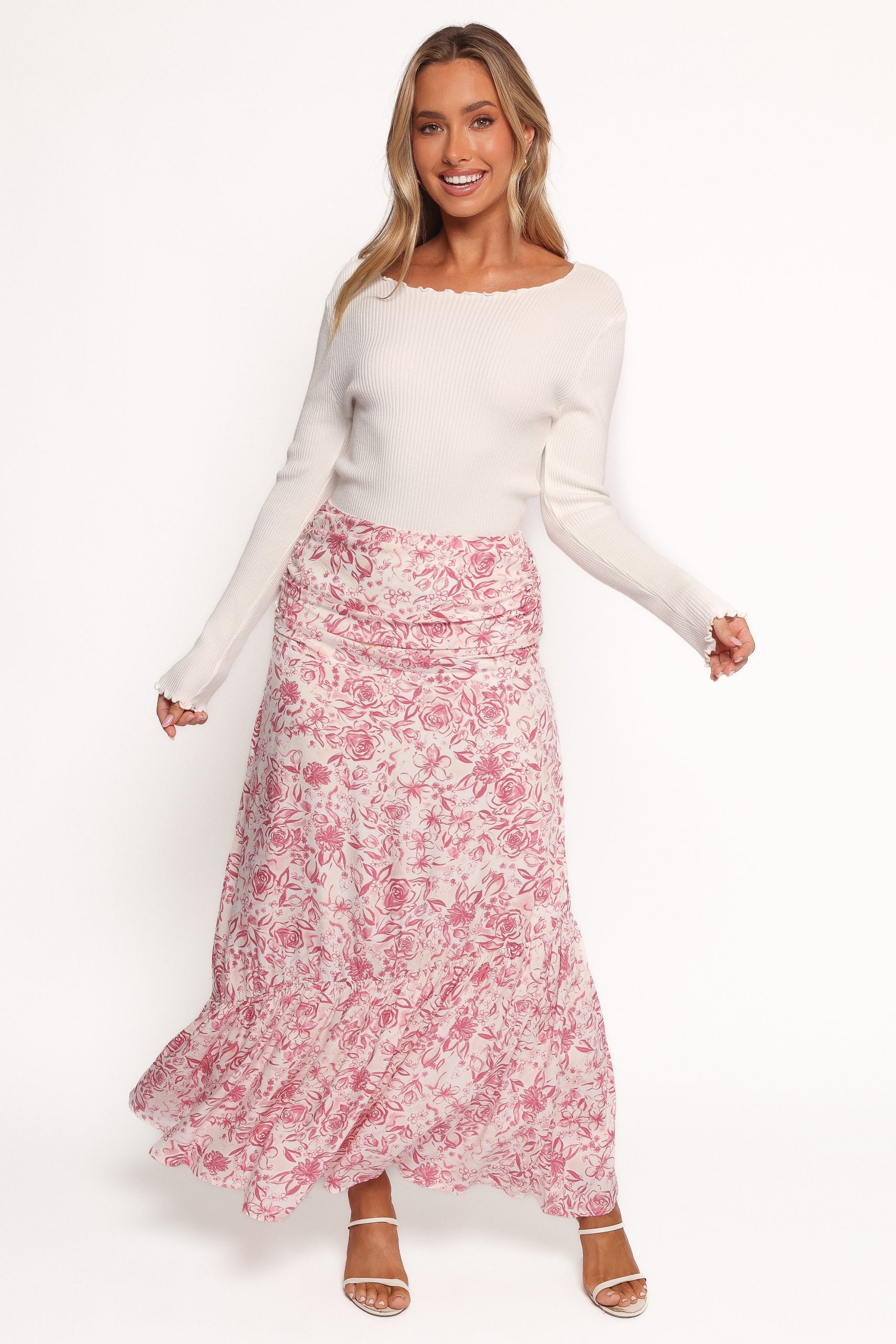 Velda Ruched Maxi Skirt - Pink Floral - Image 6