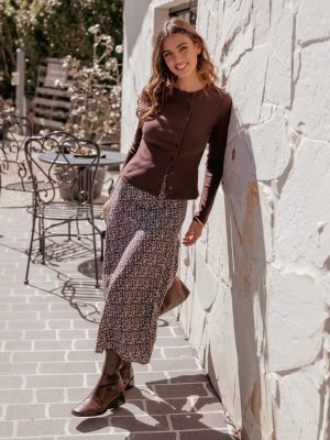 Willow Midi Skirt - Brown Blue Floral
