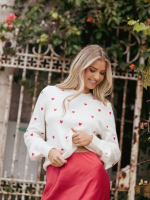 Xadie All Over Mini Heart Sweater - Cream/Red