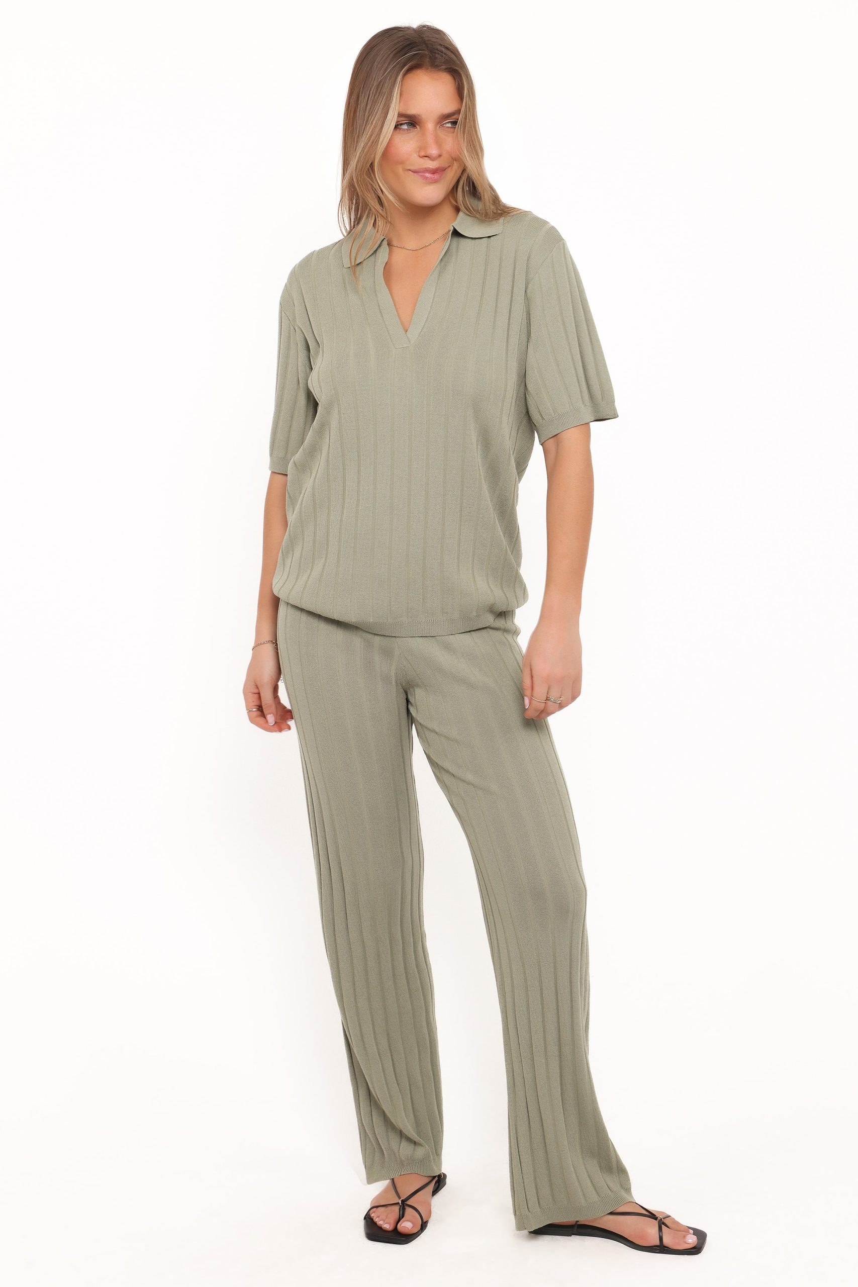 Yulissa Wide Ribbed Pant Set - Khaki Green - Image 2