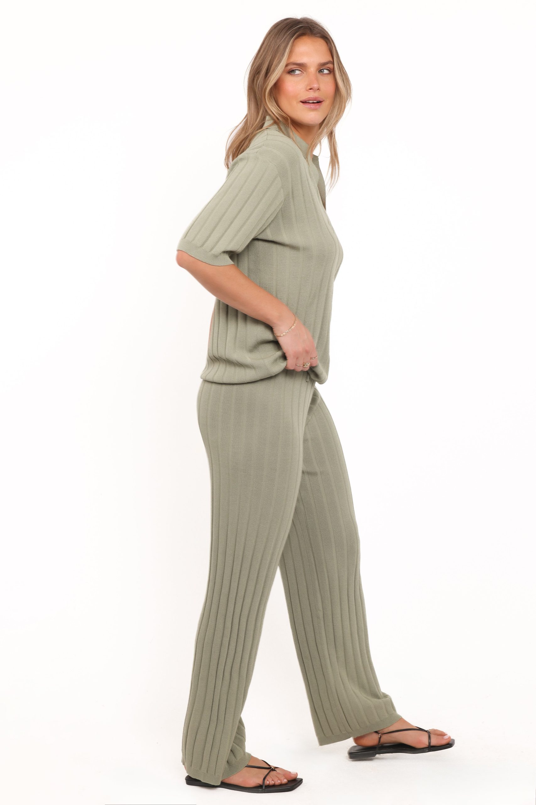 Yulissa Wide Ribbed Pant Set - Khaki Green - Image 3