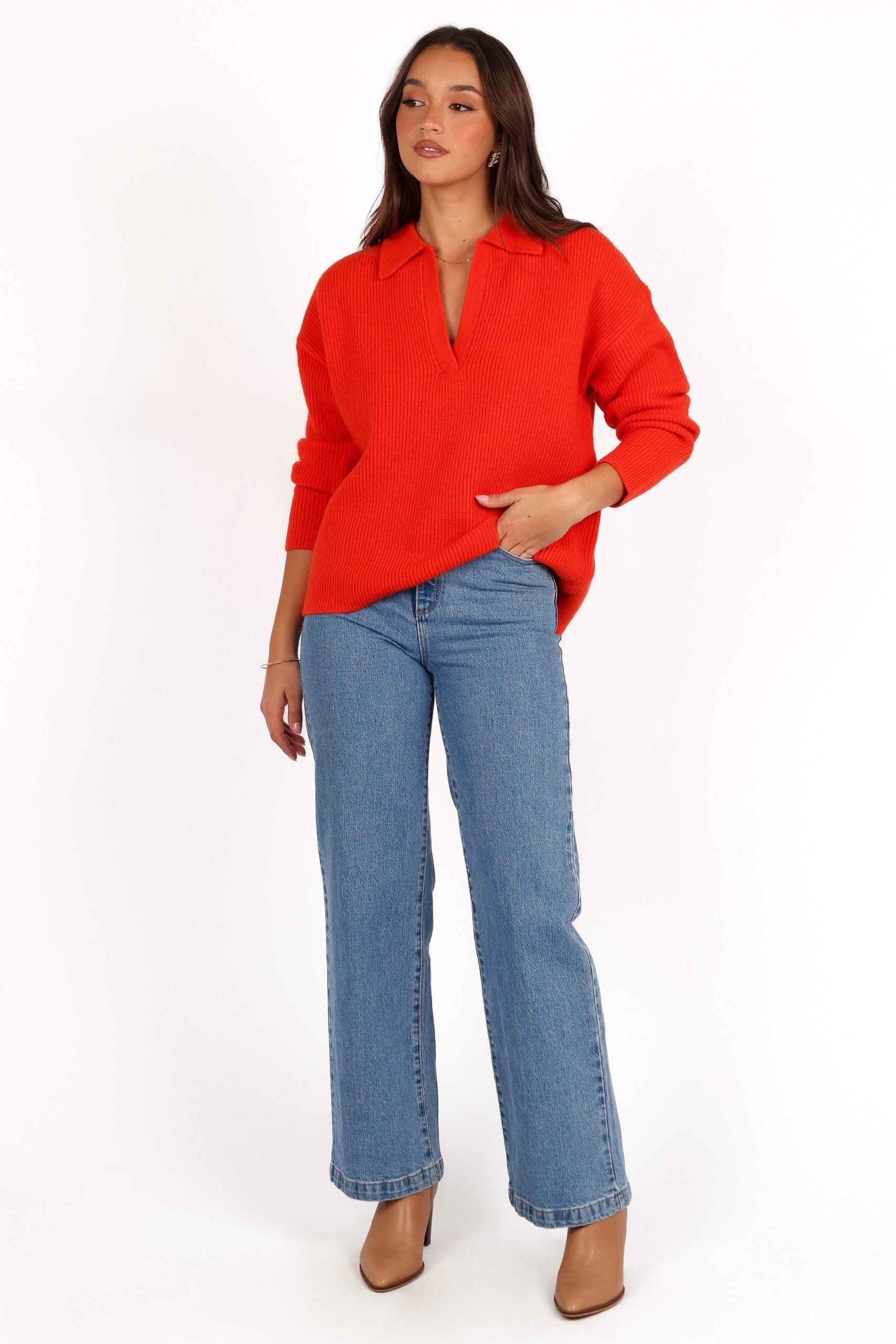 Zala Vneck Collar Knit Sweater - Red - Image 2