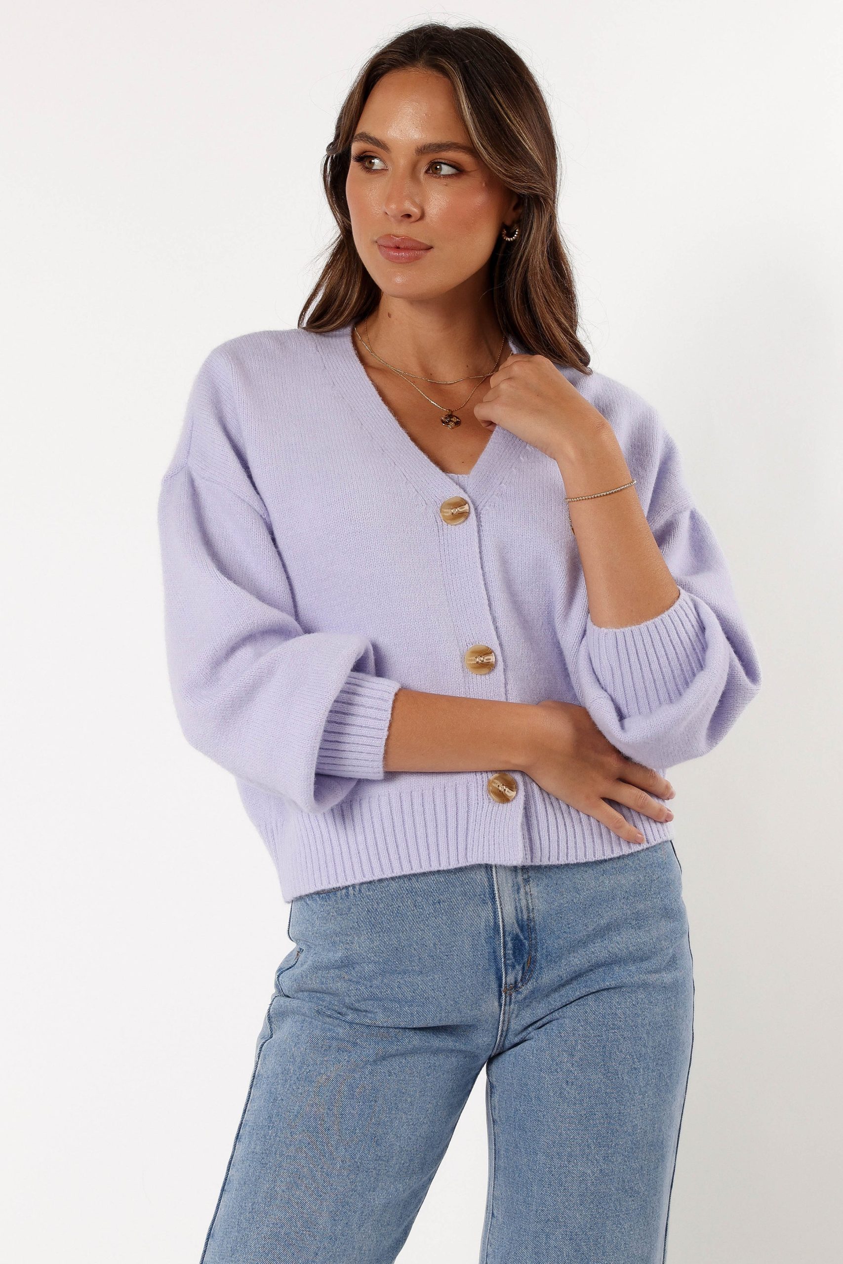 Isabel Button Front Cardigan - Lilac - Image 3
