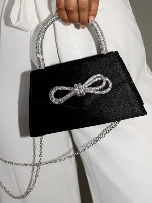 Flicka Rhinestone Bow Bag - Black Satin