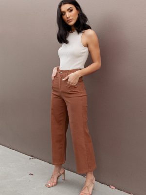 Georgette High Waisted Straight Leg Pants - Brown
