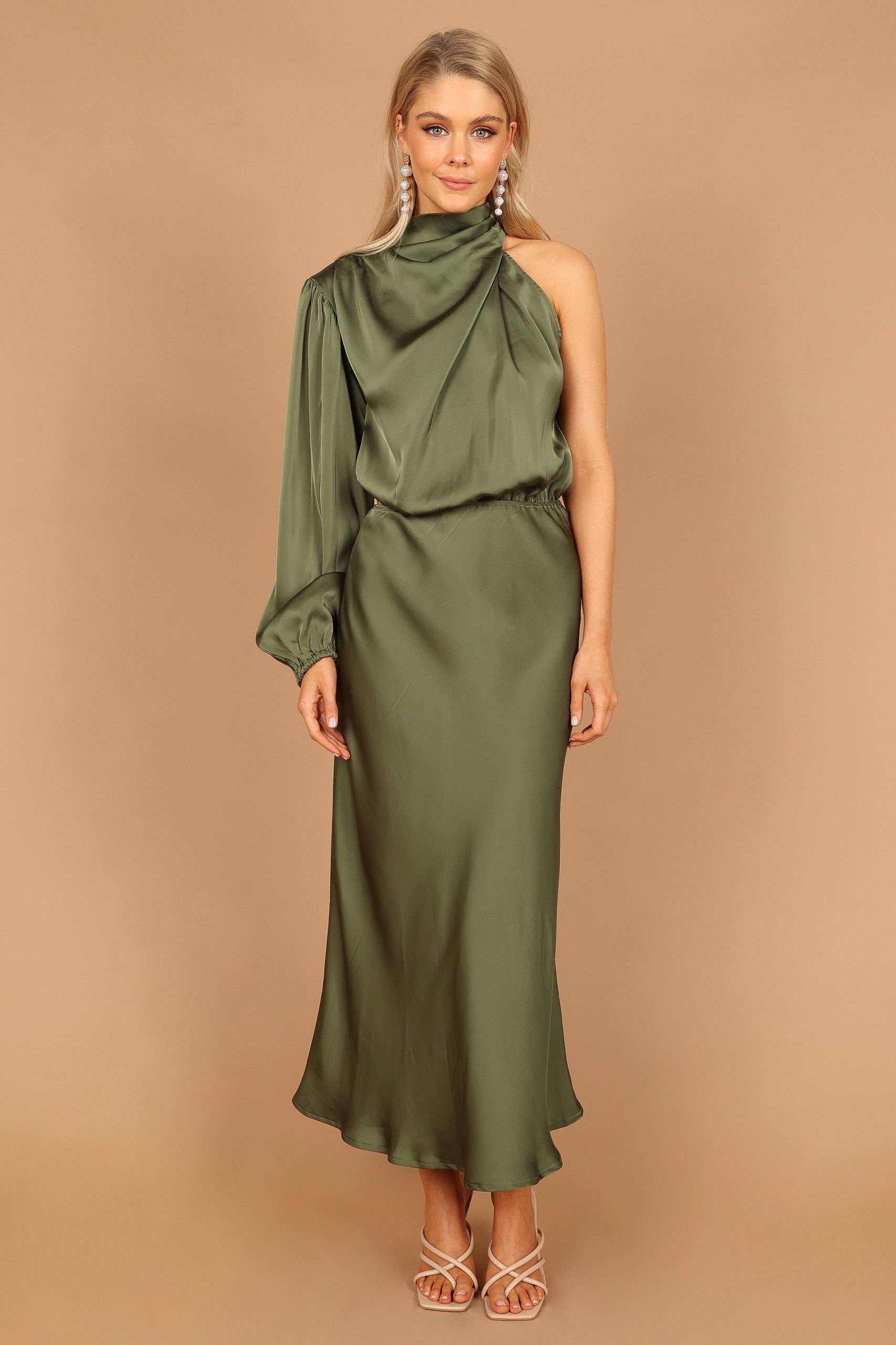 Amelie One Shoulder Midi Dress - Olive - Image 3