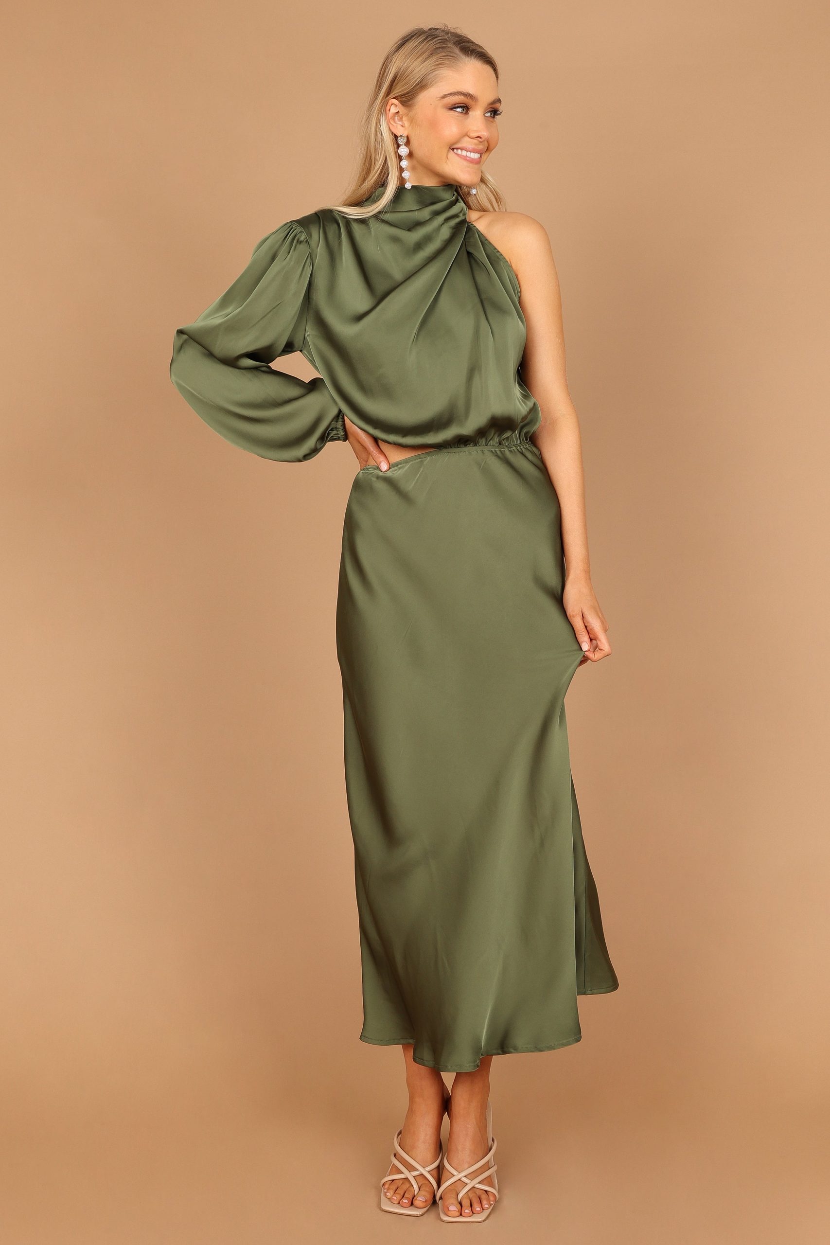 Amelie One Shoulder Midi Dress - Olive - Image 6