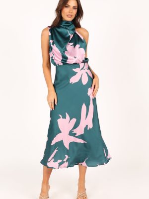 Anabelle Halter Neck Midi Dress - Green Pink