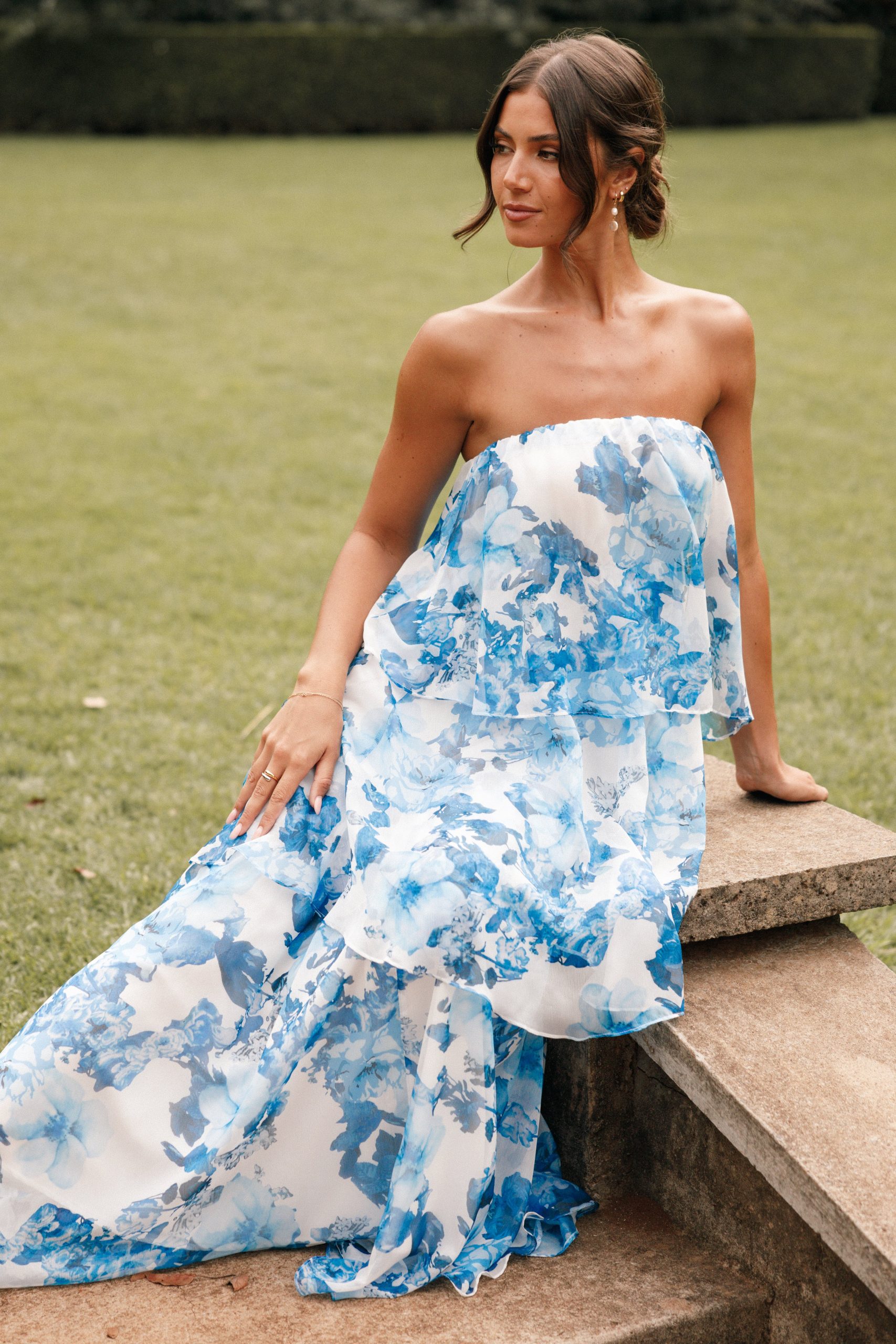 Bloom Strapless Maxi Dress - Blue White Floral - Image 4