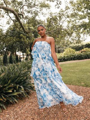 Bloom Strapless Maxi Dress - Blue White Floral
