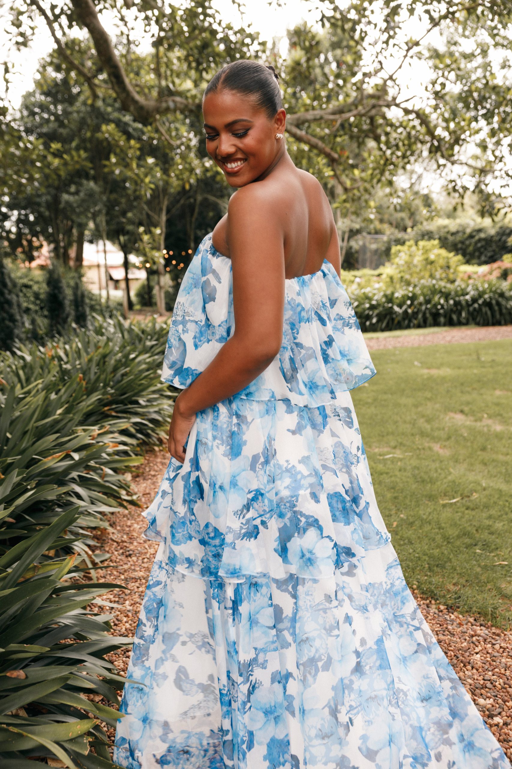 Bloom Strapless Maxi Dress - Blue White Floral - Image 3