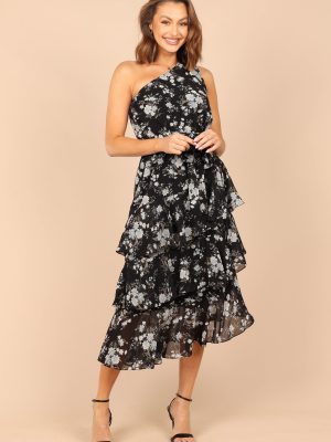 Brigette One Shoulder Tiered Midi Dress - Black Floral