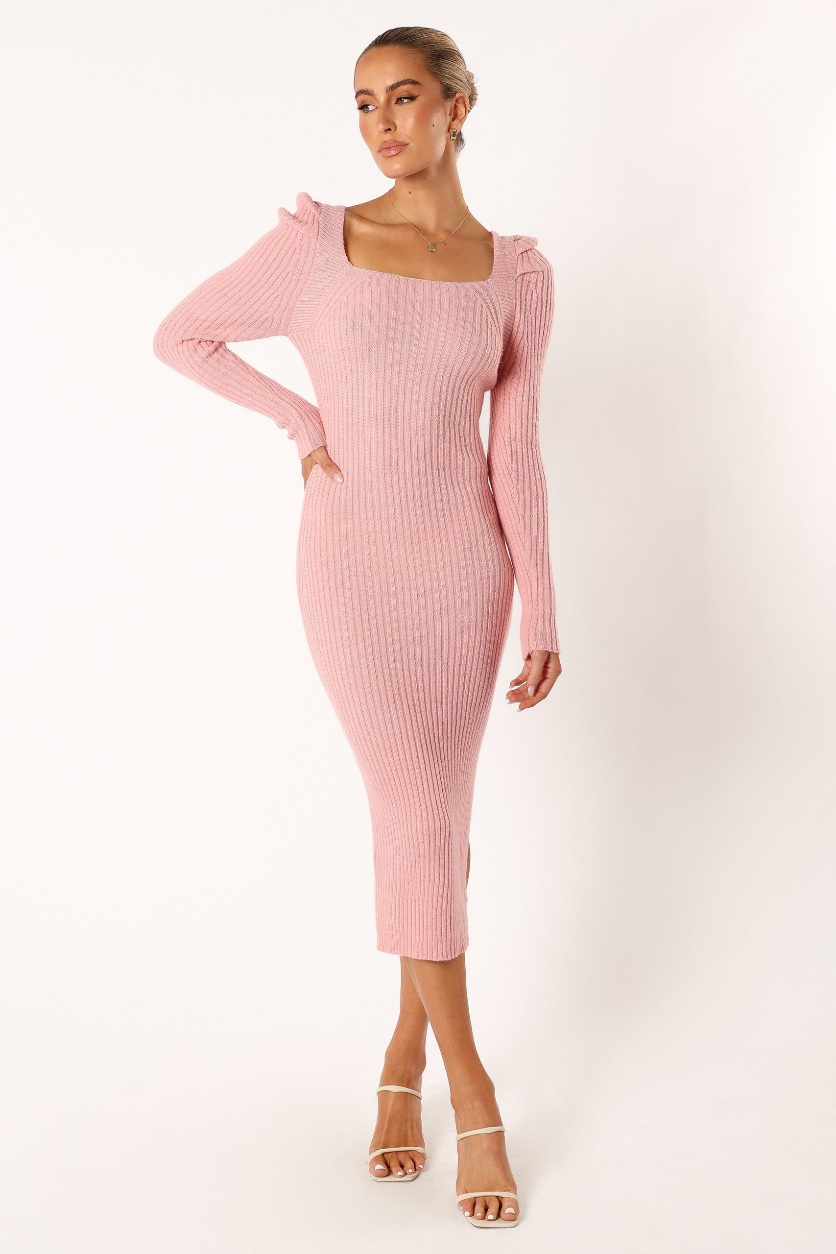 Camryn Puff Sleeve Knit Sweater Midi Dress - Blush - Image 2