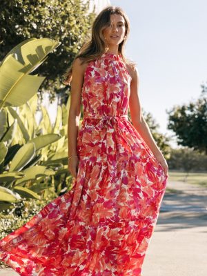Caroline Maxi Halter Dress - Red Orange