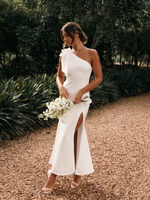 Charmed One Shoulder Midi Dress - Off White